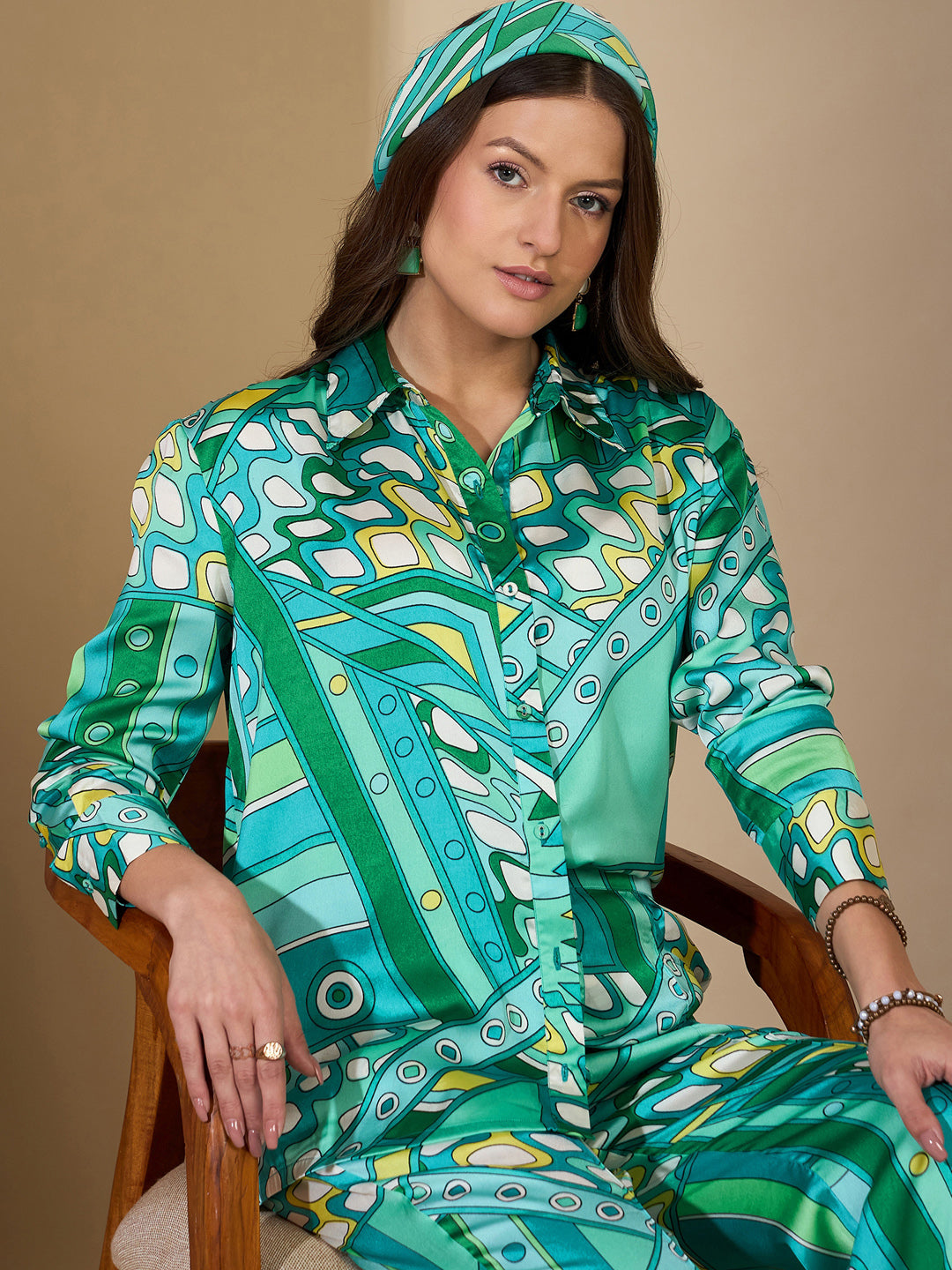 Blue Abstract Satin Shirt With Darted Pants