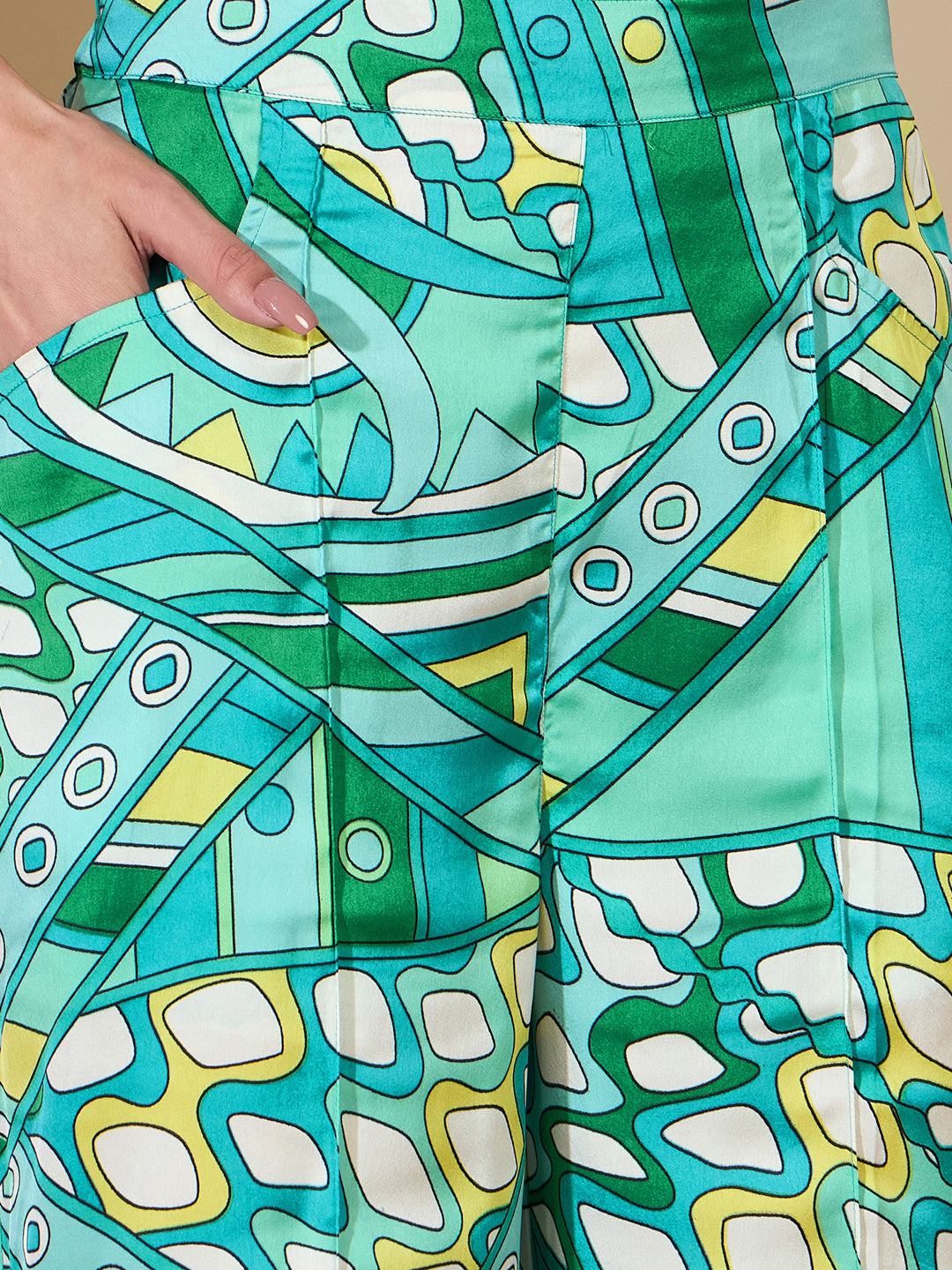 Blue Abstract Satin Shirt With Darted Pants