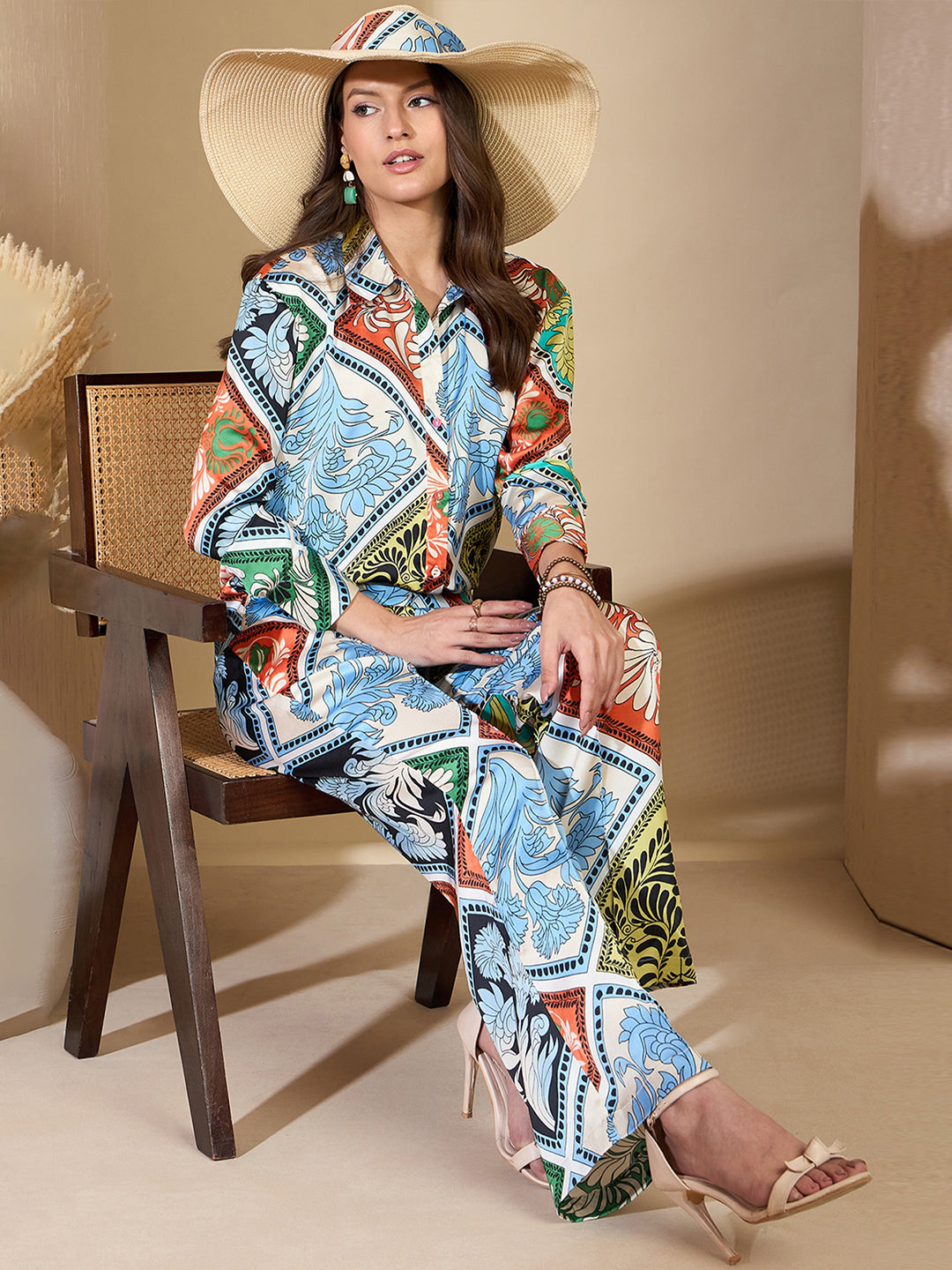 Multi Floral Satin Shirt With Darted Pants