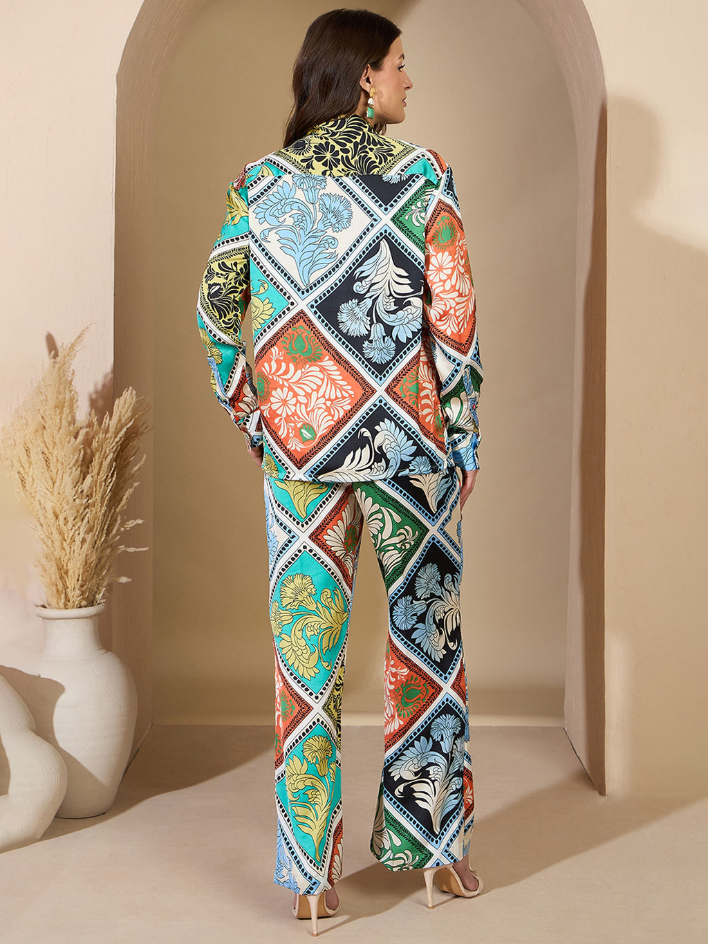 Multi Floral Satin Shirt With Darted Pants
