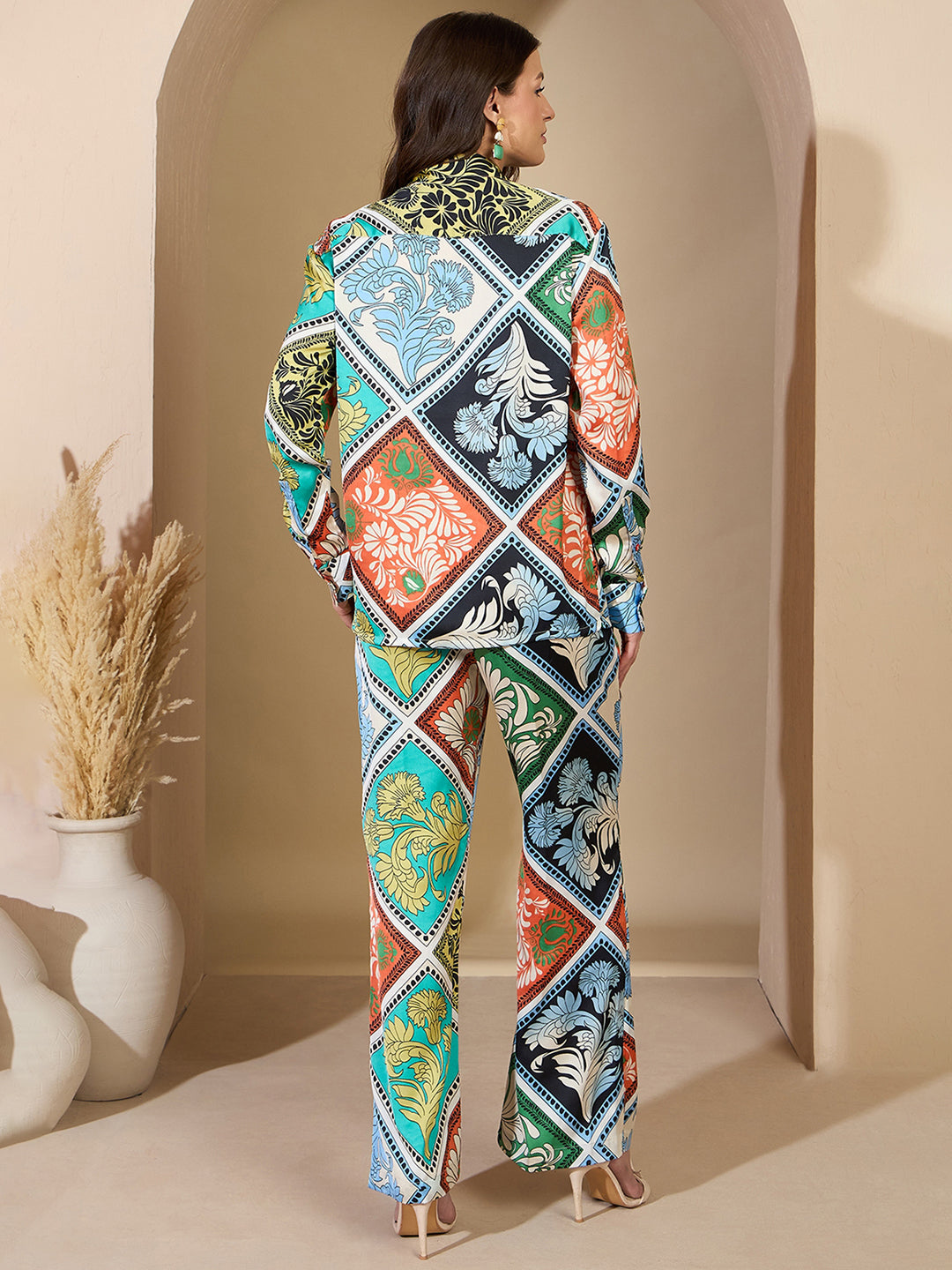 Multi Floral Satin Shirt With Darted Pants