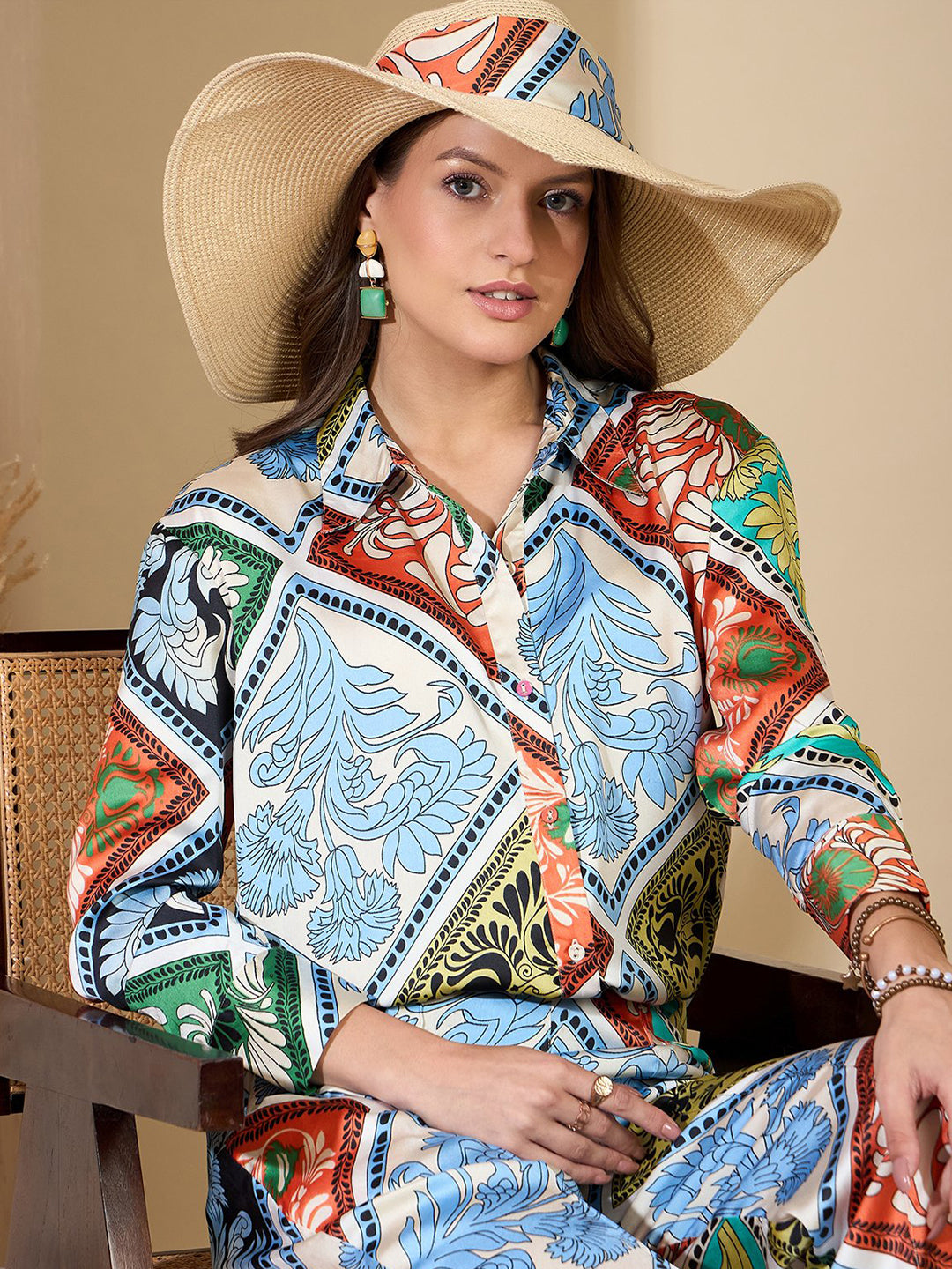 Multi Floral Satin Shirt With Darted Pants