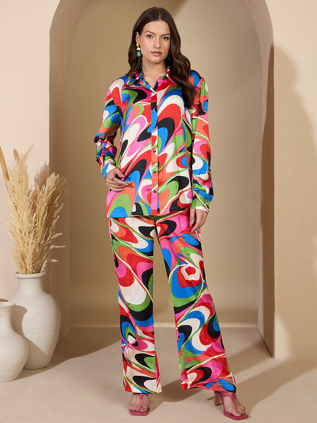Multi Abstract Satin Shirt With Darted Pants