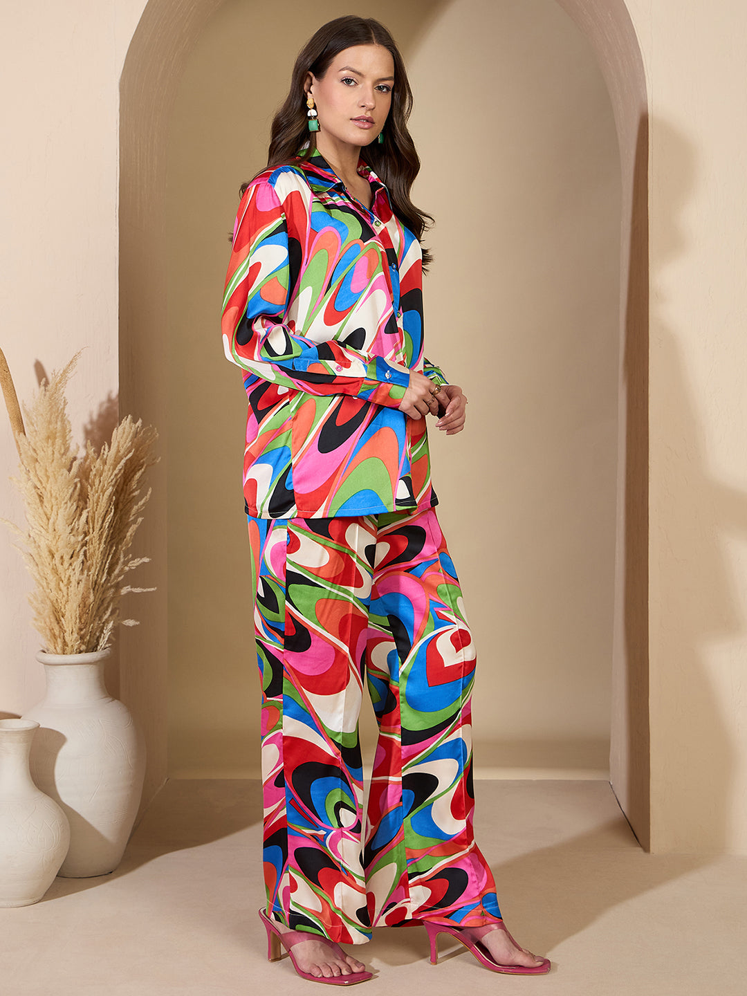 Multi Abstract Satin Shirt With Darted Pants