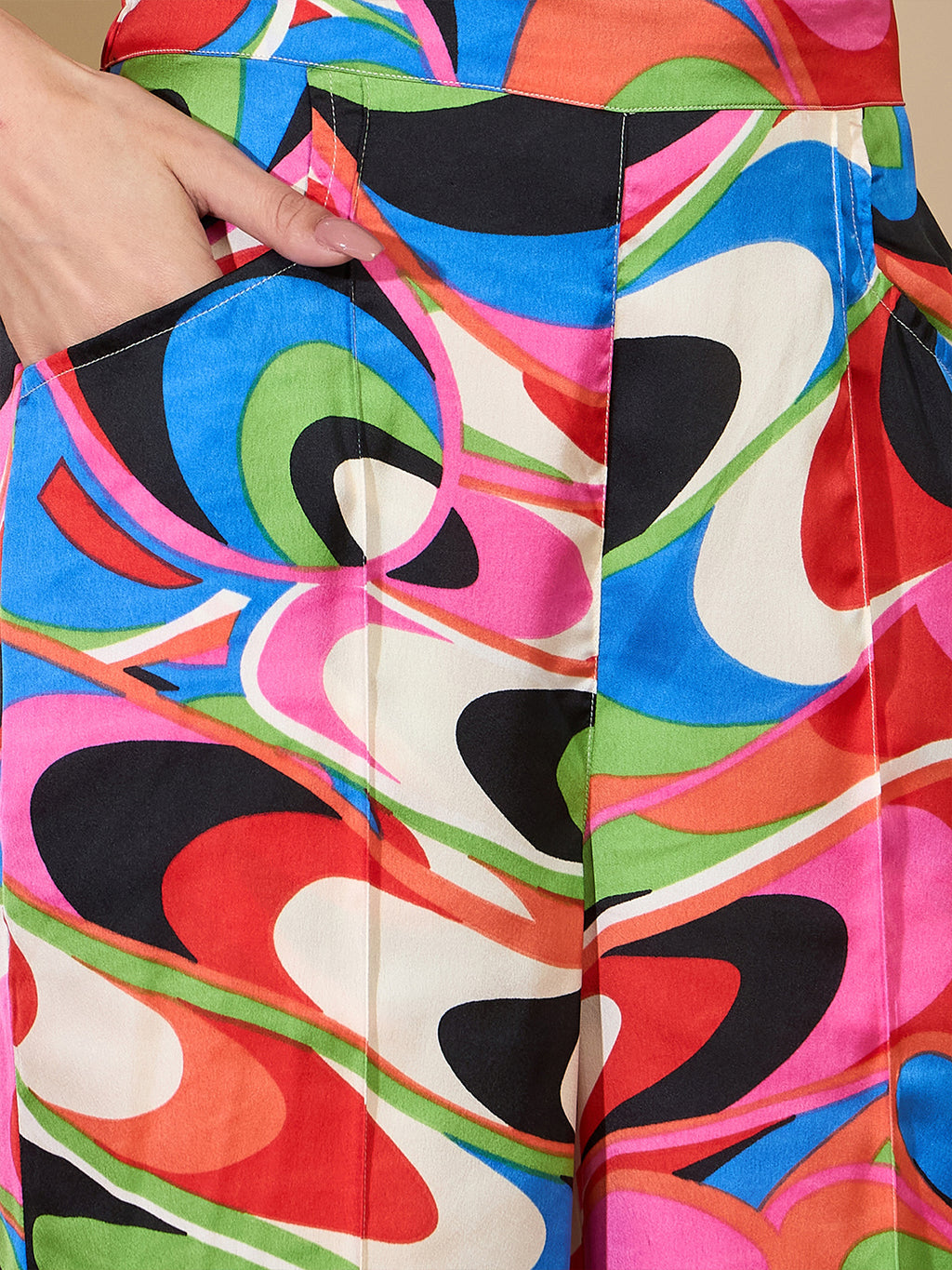 Multi Abstract Satin Shirt With Darted Pants