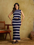 Zummer Knitted Co-ord Set – Navy Blue Striped Top & Skirt