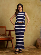 Zummer Knitted Co-ord Set – Navy Blue Striped Top & Skirt