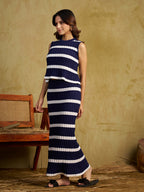 Zummer Knitted Co-ord Set – Navy Blue Striped Top & Skirt