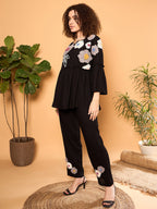 Black Rayon Applique Round Neck Tunic With Trouser
