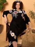 Black Rayon Applique Round Neck Tunic With Trouser