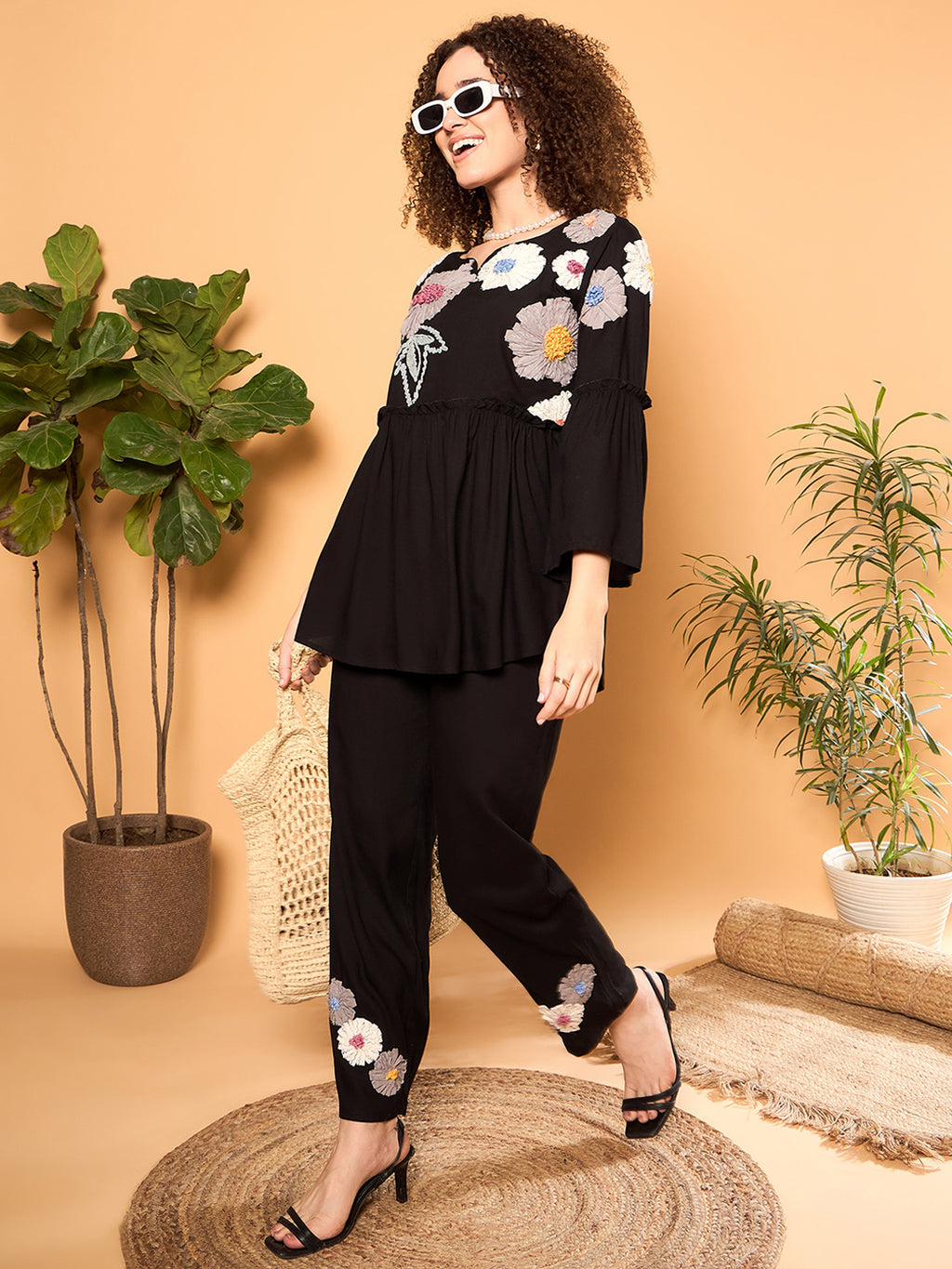Black Rayon Applique Round Neck Tunic With Trouser