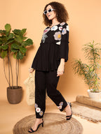 Black Rayon Applique Round Neck Tunic With Trouser