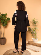 Black Rayon Applique Round Neck Tunic With Trouser