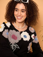 Black Rayon Applique Round Neck Tunic With Trouser