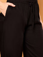 Black Rayon Applique Round Neck Tunic With Trouser