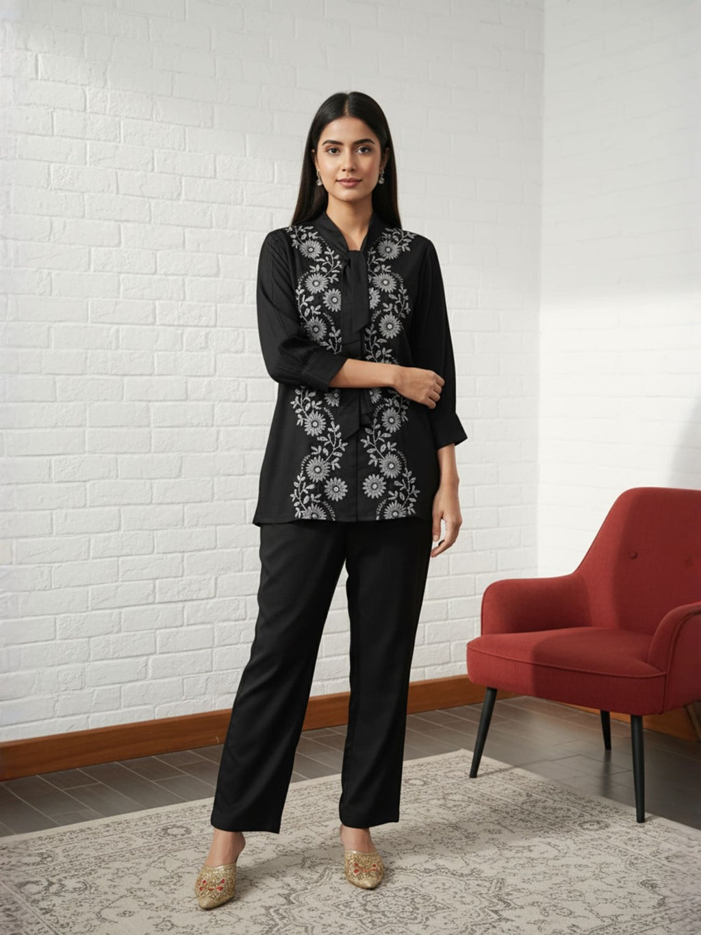 Rayon Black Tunic With TrouserCo-Ords Set