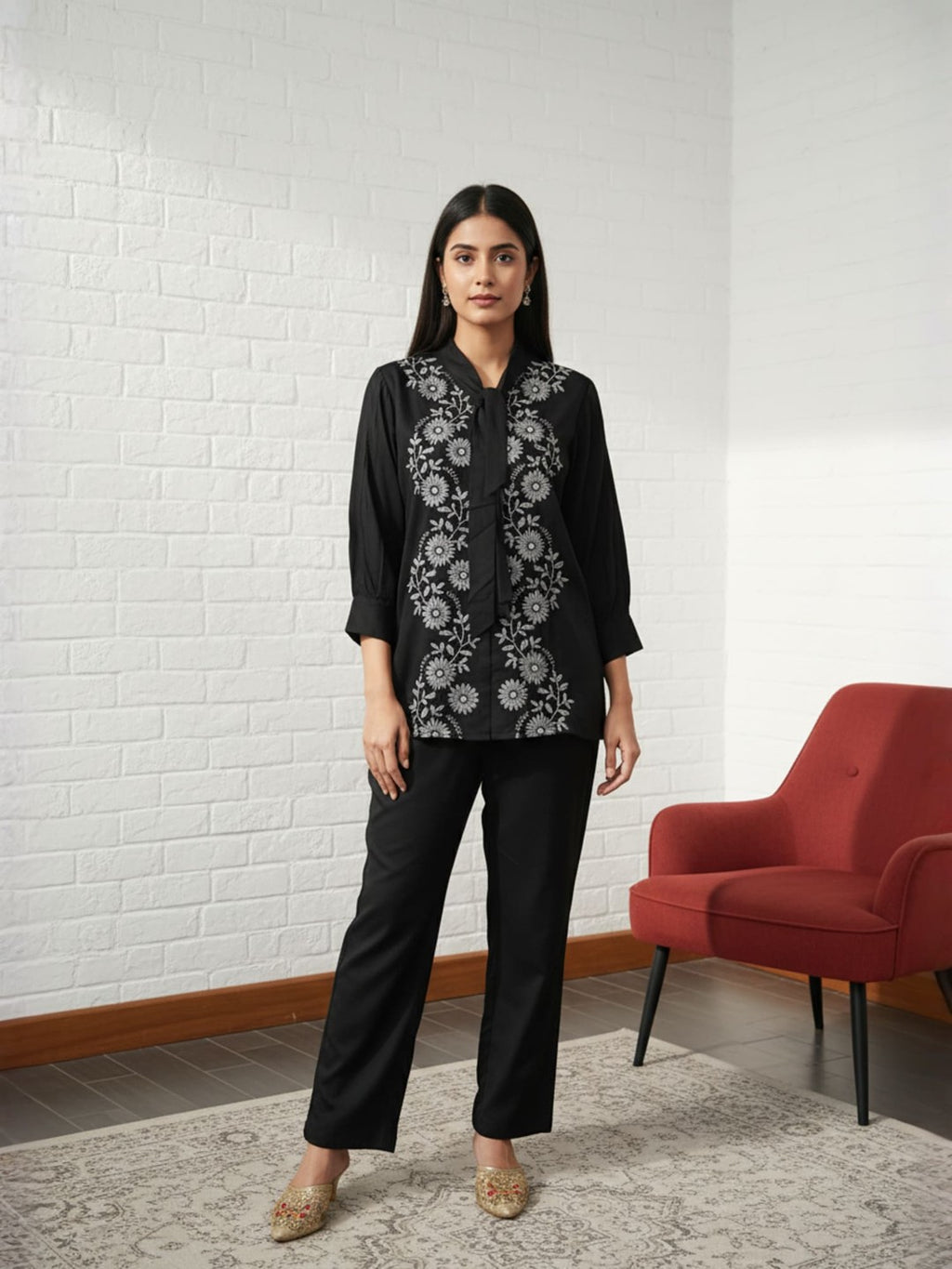 Rayon Black Tunic With TrouserCo-Ords Set