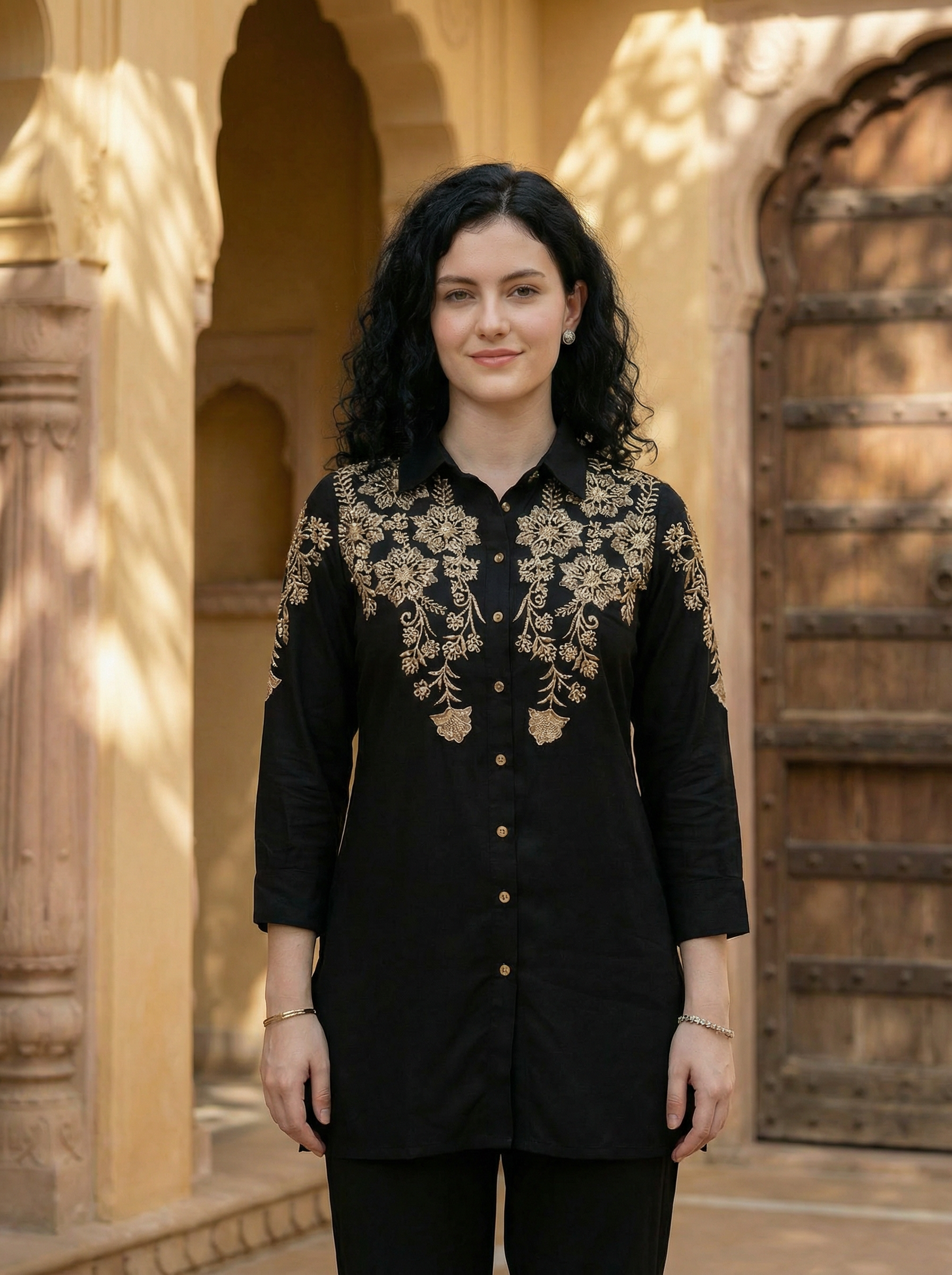 Zummer Women Black Floral Embroidered Rayon Co-Ord Set