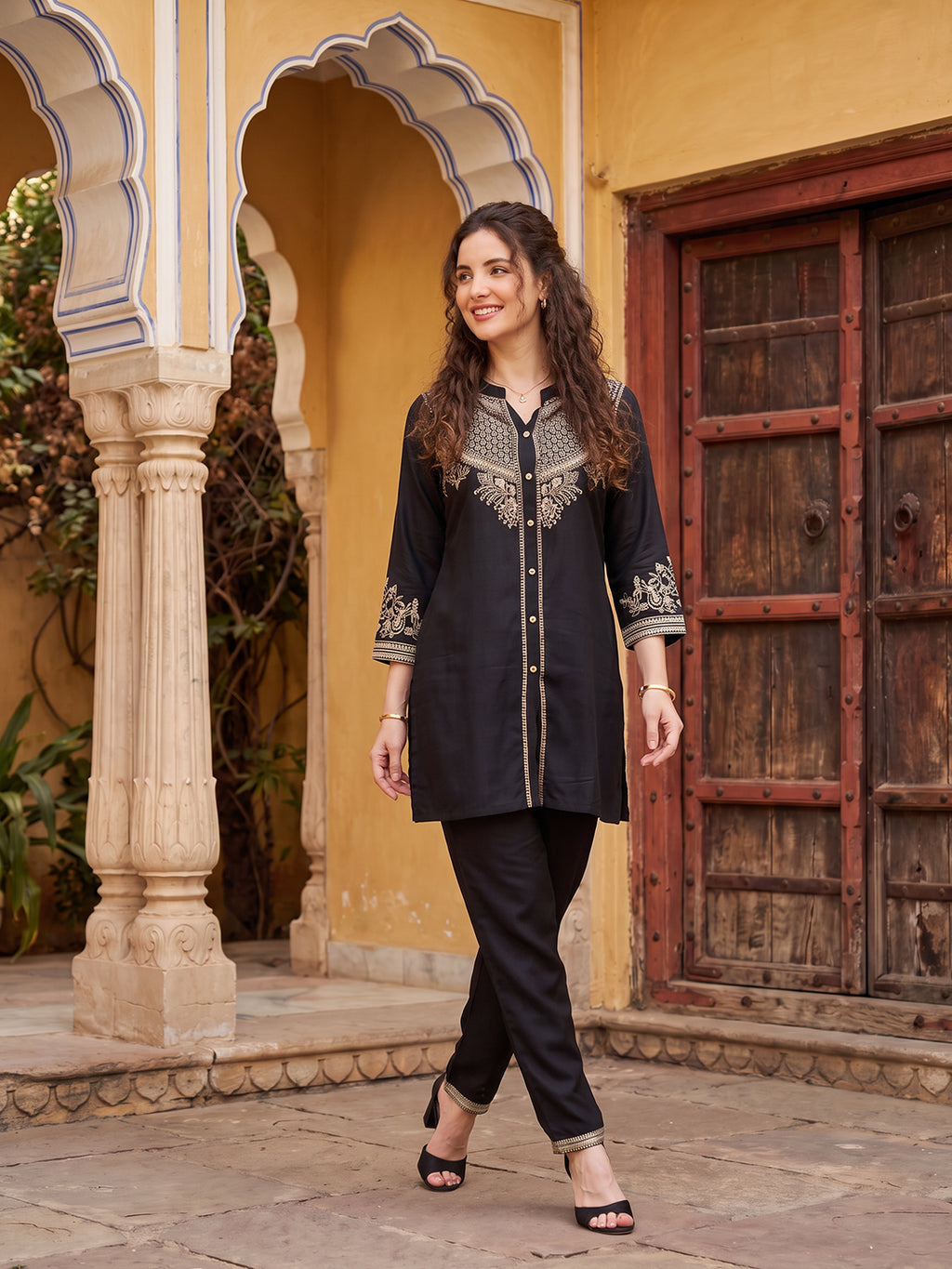 Zummer Women's Black Embroidered Rayon Co-Ord Set with Mandarin Collar