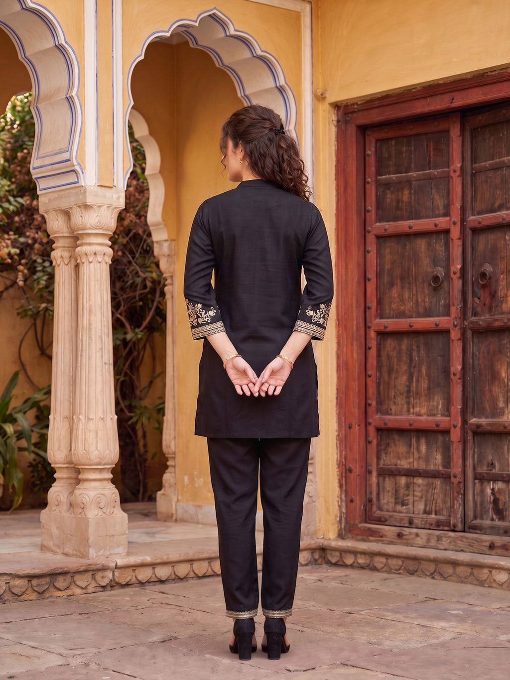 Zummer Women's Black Embroidered Rayon Co-Ord Set with Mandarin Collar