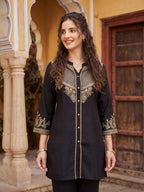 Zummer Women's Black Embroidered Rayon Co-Ord Set with Mandarin Collar