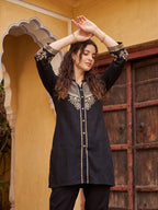 Zummer Women's Black Embroidered Rayon Co-Ord Set with Mandarin Collar