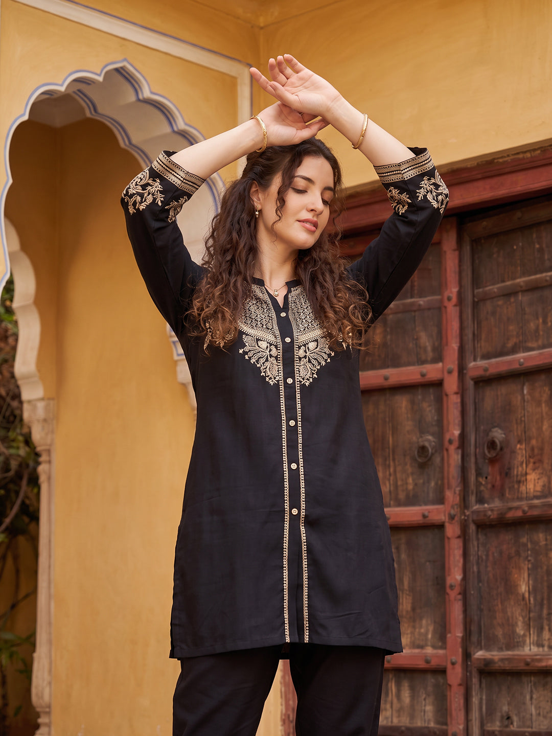 Zummer Women's Black Embroidered Rayon Co-Ord Set with Mandarin Collar