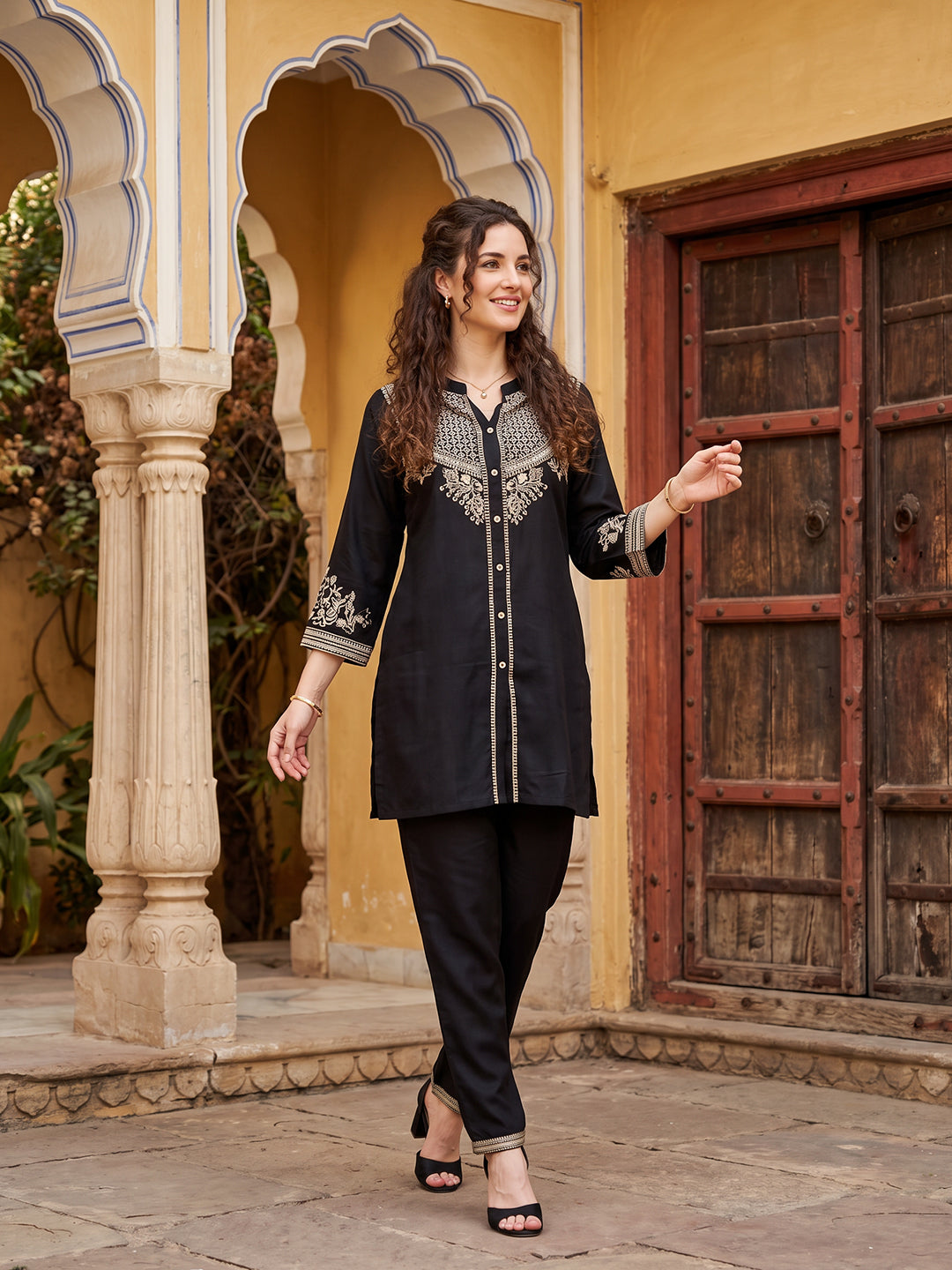 Zummer Women's Black Embroidered Rayon Co-Ord Set with Mandarin Collar