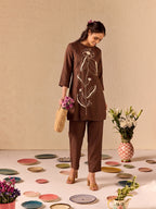 Zummer Embroidered Co-Ord Set – Cotton Tunic &amp; Trouser Set (Brown)