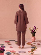 Zummer Embroidered Co-Ord Set – Cotton Tunic &amp; Trouser Set (Brown)