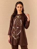 Zummer Embroidered Co-Ord Set – Cotton Tunic &amp; Trouser Set (Brown)