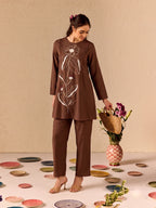 Zummer Embroidered Co-Ord Set – Cotton Tunic &amp; Trouser Set (Brown)