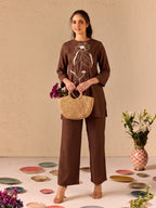 Zummer Embroidered Co-Ord Set – Cotton Tunic &amp; Trouser Set (Brown)