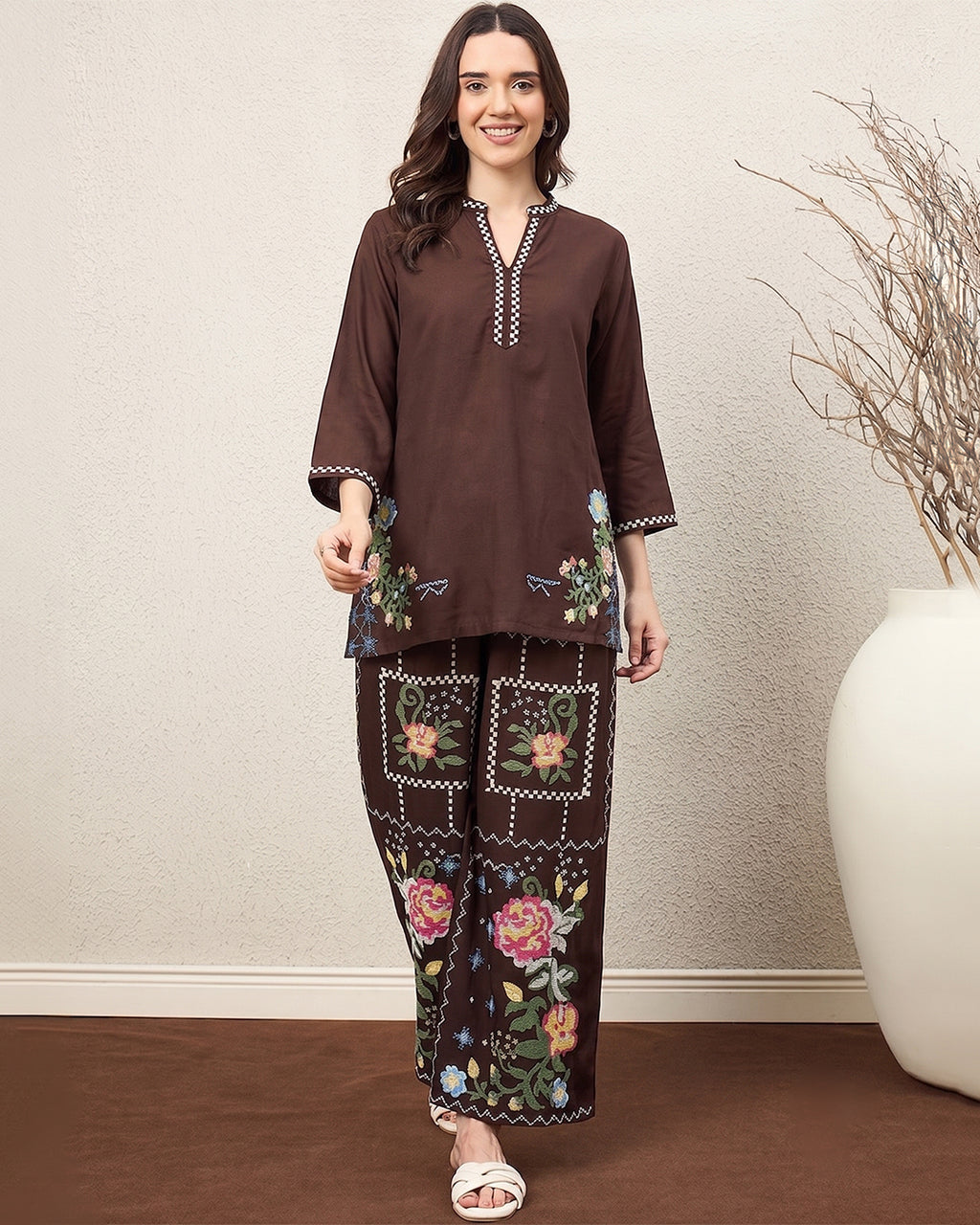Zummer Women’s Brown Floral Embroidered Co-Ord Set with Tunic & Palazzo