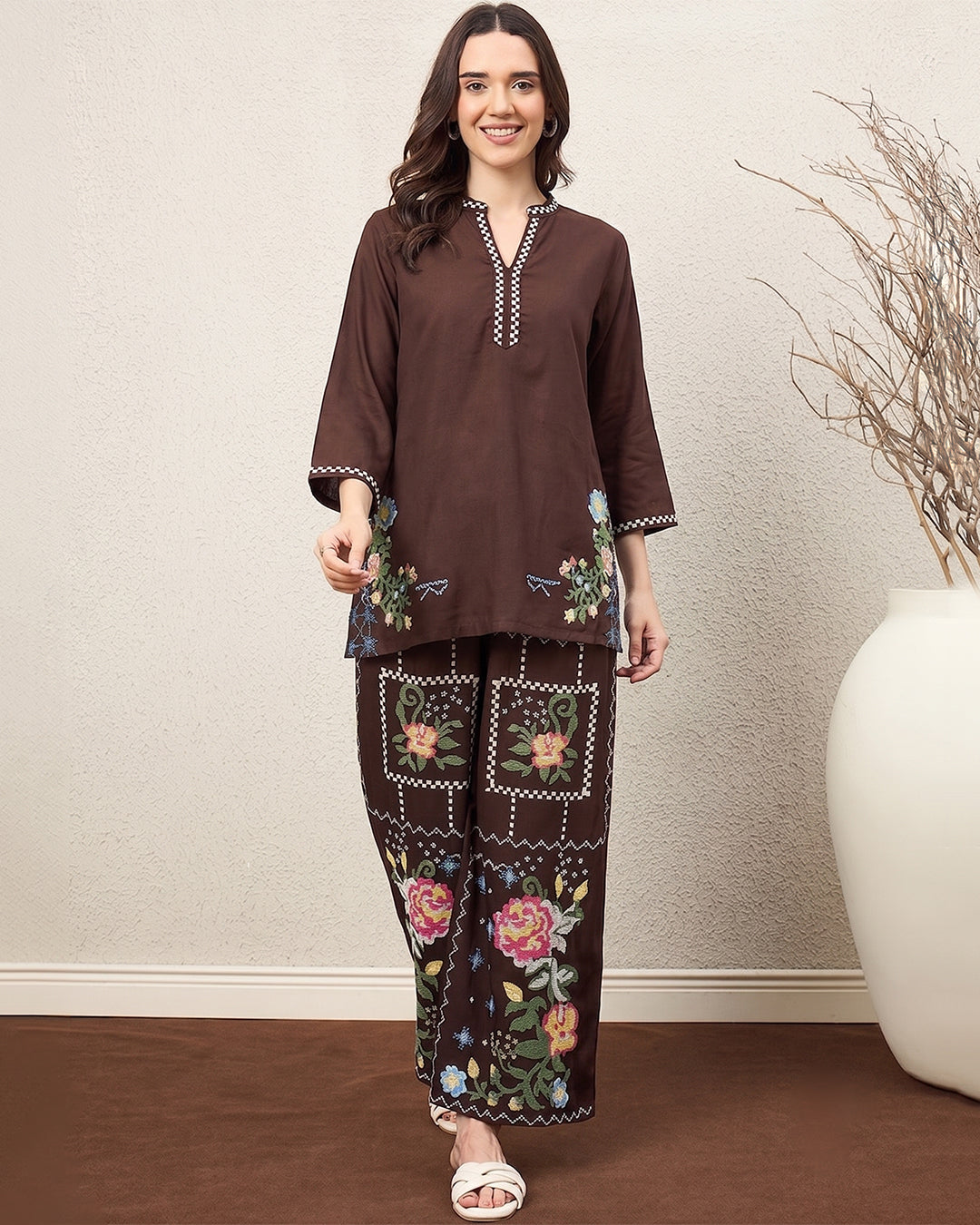 Zummer Women’s Brown Floral Embroidered Co-Ord Set with Tunic & Palazzo