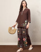 Zummer Women’s Brown Floral Embroidered Co-Ord Set with Tunic & Palazzo