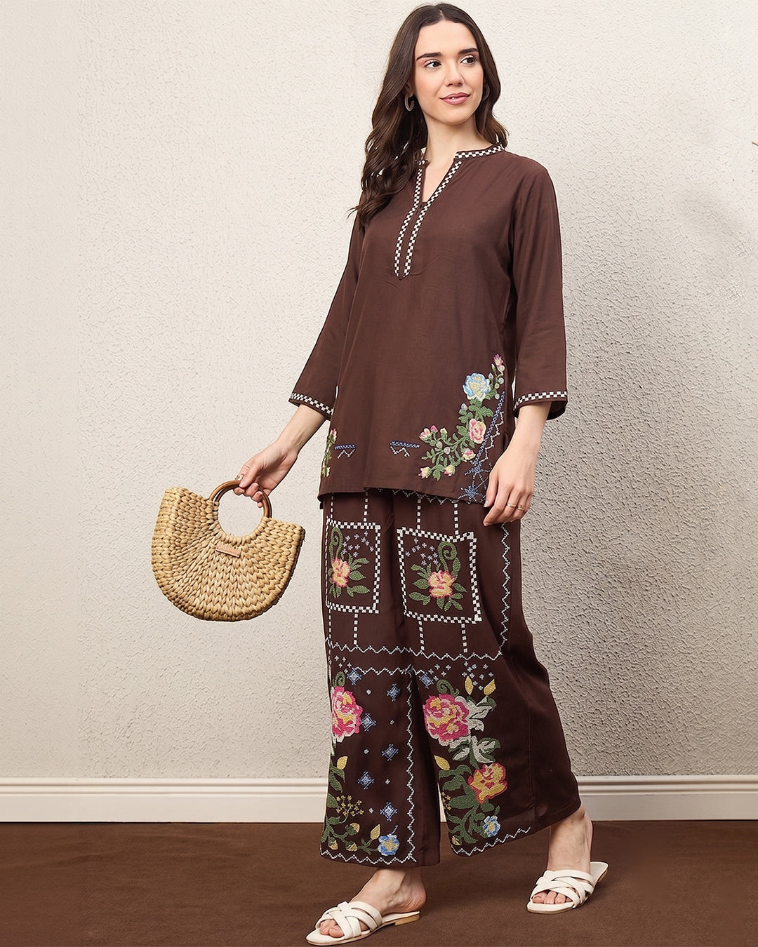 Zummer Women’s Brown Floral Embroidered Co-Ord Set with Tunic & Palazzo