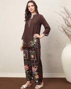 Zummer Women’s Brown Floral Embroidered Co-Ord Set with Tunic & Palazzo
