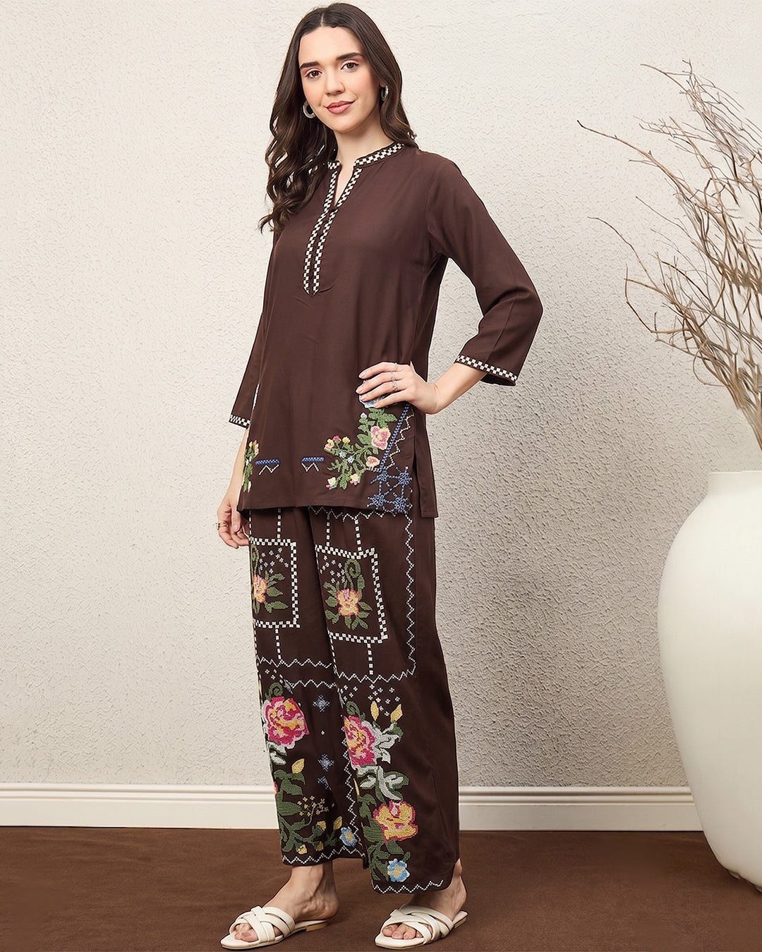 Zummer Women’s Brown Floral Embroidered Co-Ord Set with Tunic & Palazzo