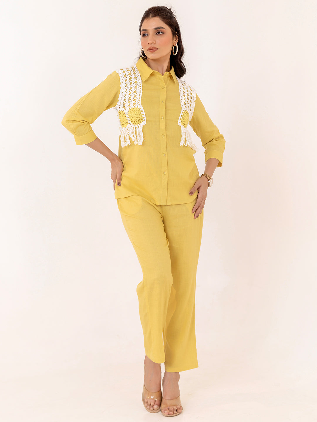 Yellow Embroidered Shirt With Trouser Co-Ords Set