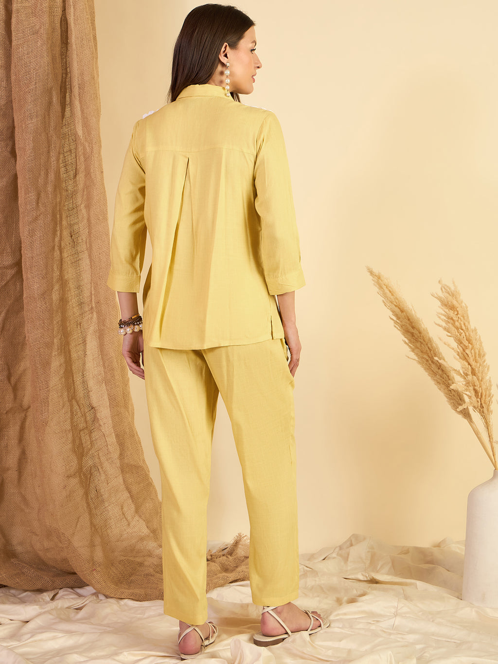 Yellow Embroidered Shirt With Trouser Co-Ords Set