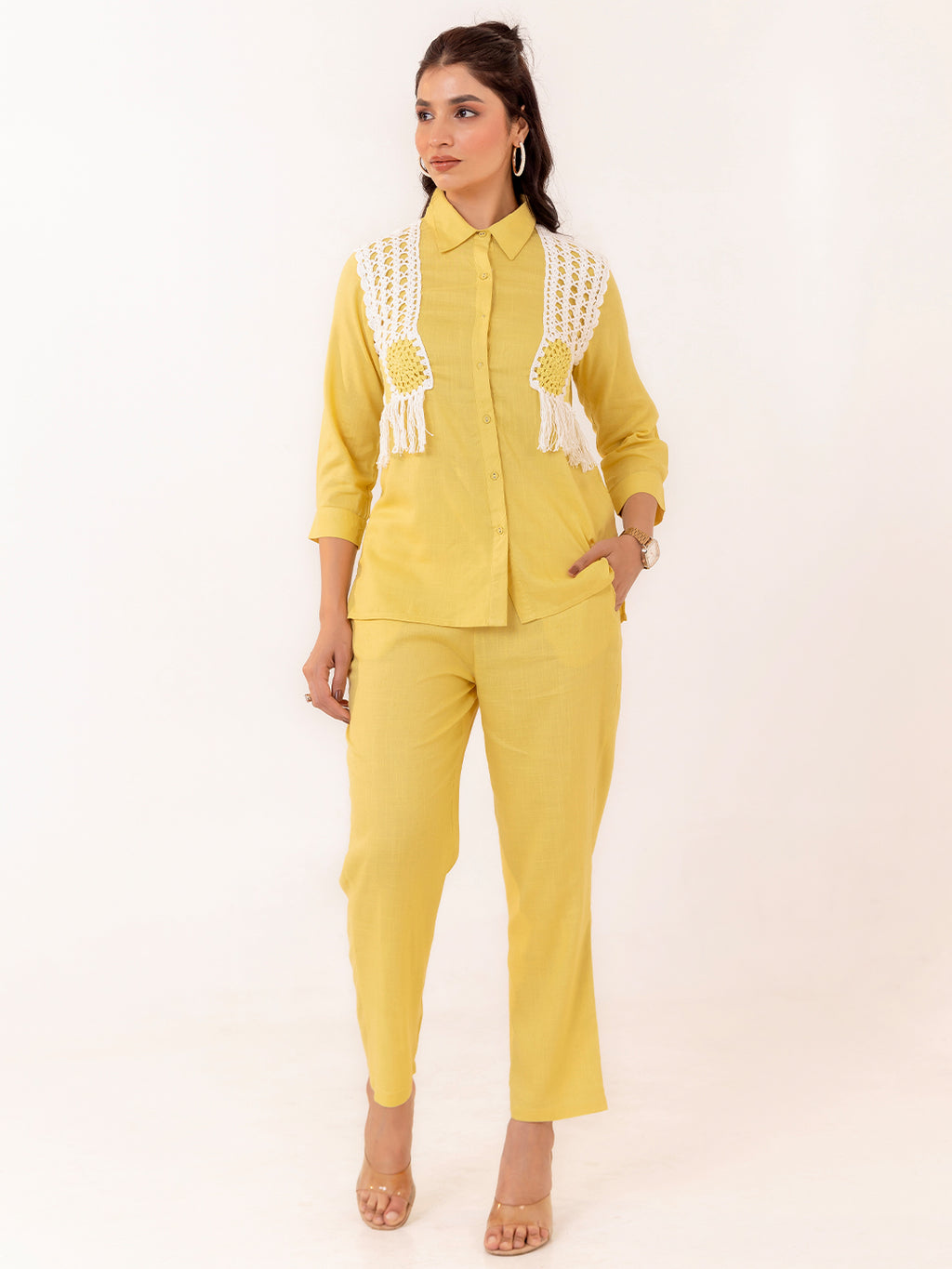 Yellow Embroidered Shirt With Trouser Co-Ords Set