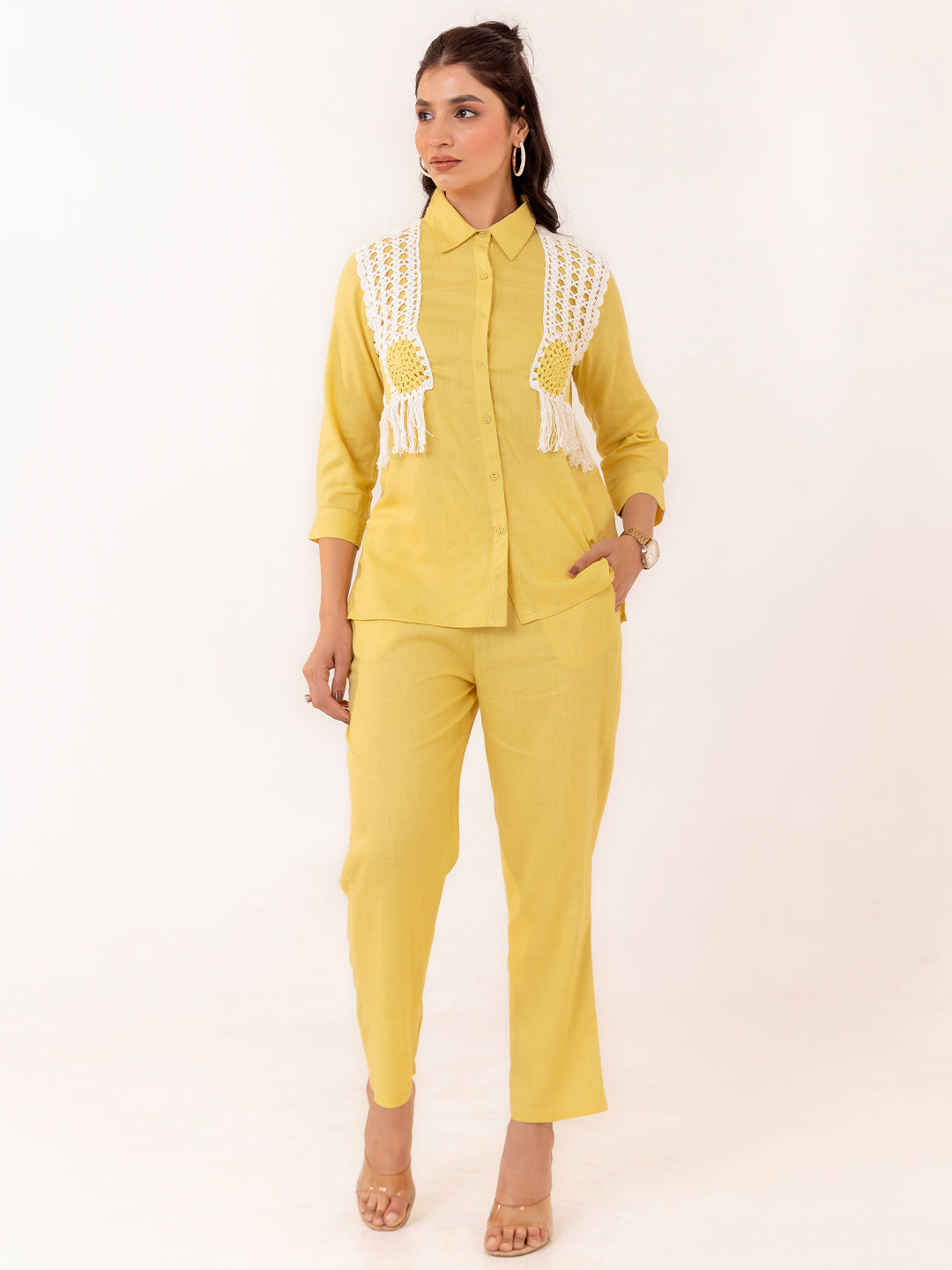 Yellow Embroidered Shirt With Trouser Co-Ords Set