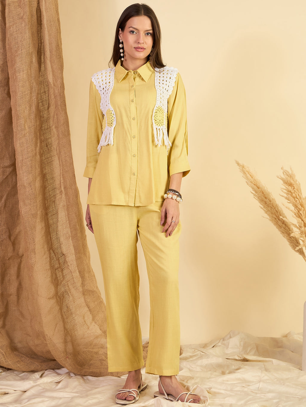 Yellow Embroidered Shirt With Trouser Co-Ords Set