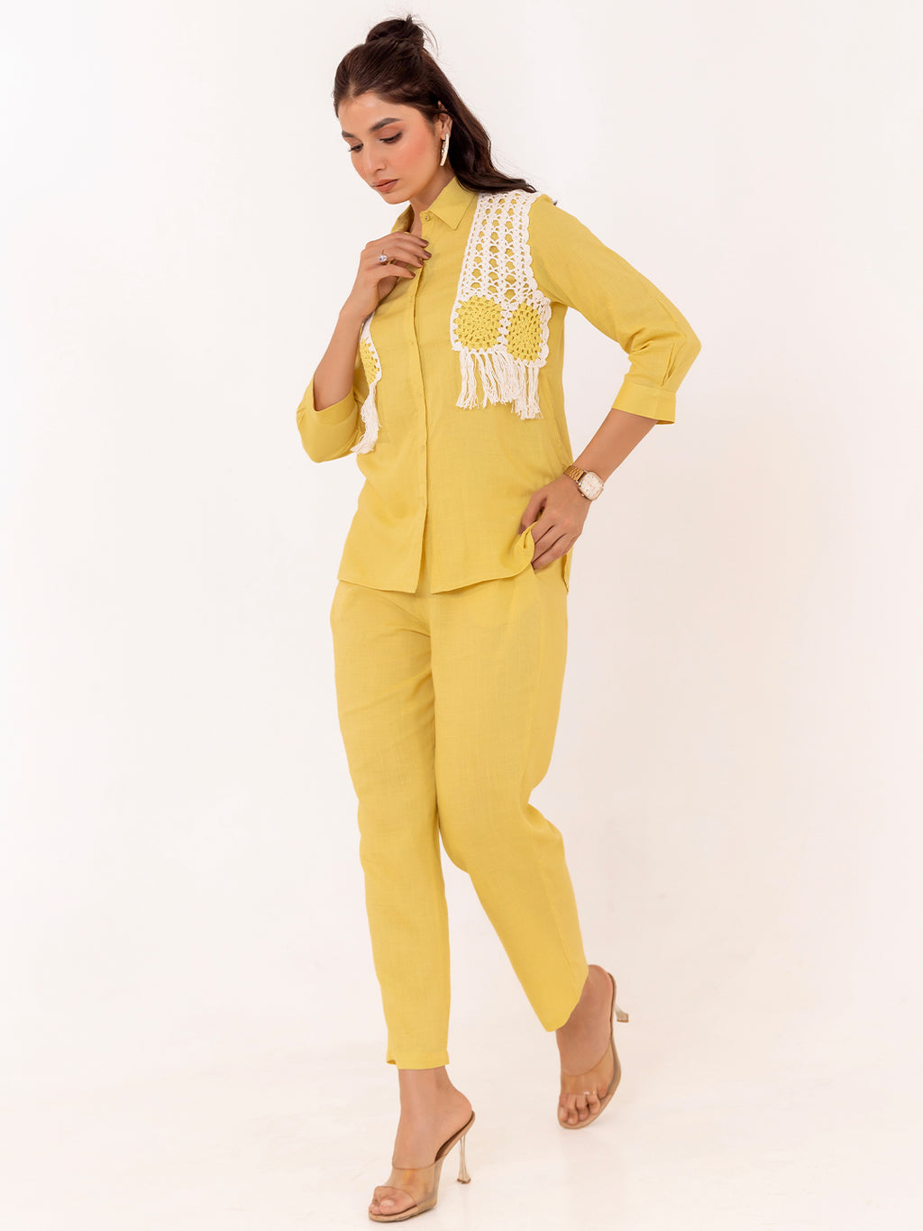Yellow Embroidered Shirt With Trouser Co-Ords Set