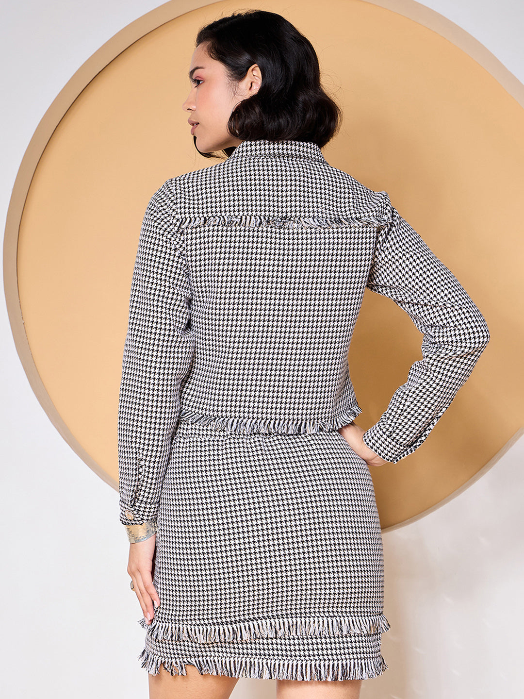 Black & White Houndstooth Blazer With Mini Skirt