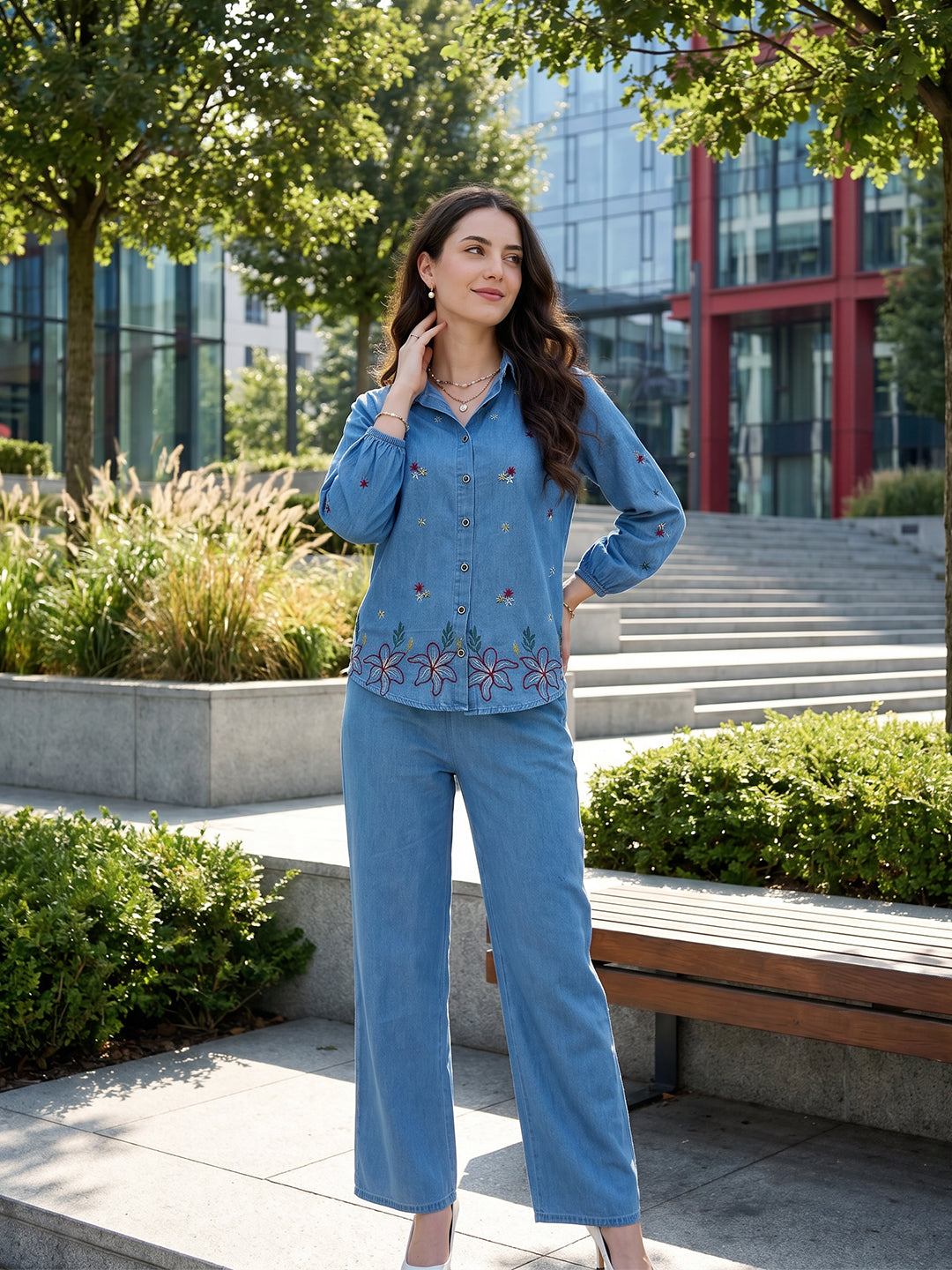 Zummer Denim Co-ord Set – Blue Embroidered Shirt & Trousers