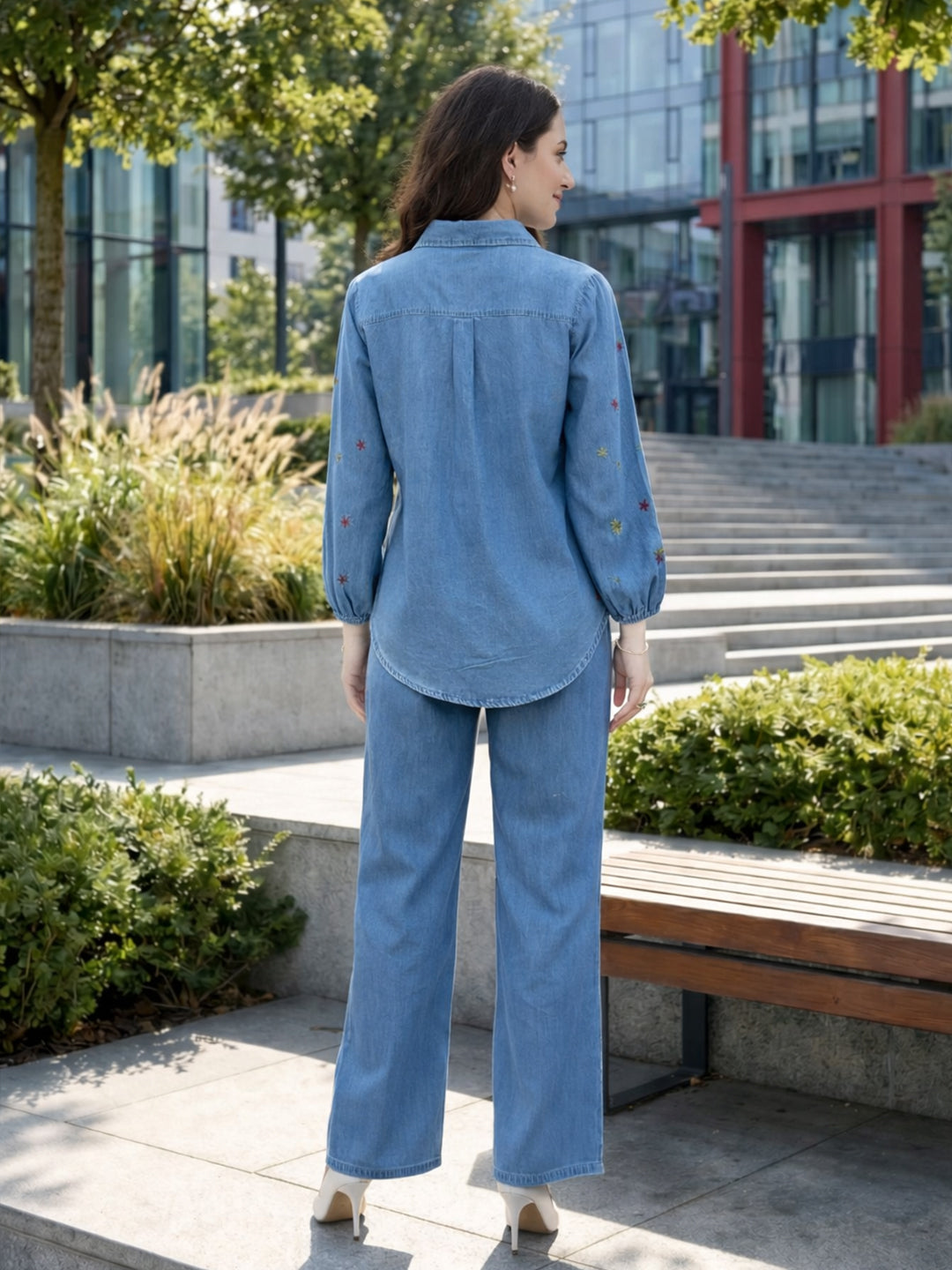 Zummer Denim Co-ord Set – Blue Embroidered Shirt & Trousers