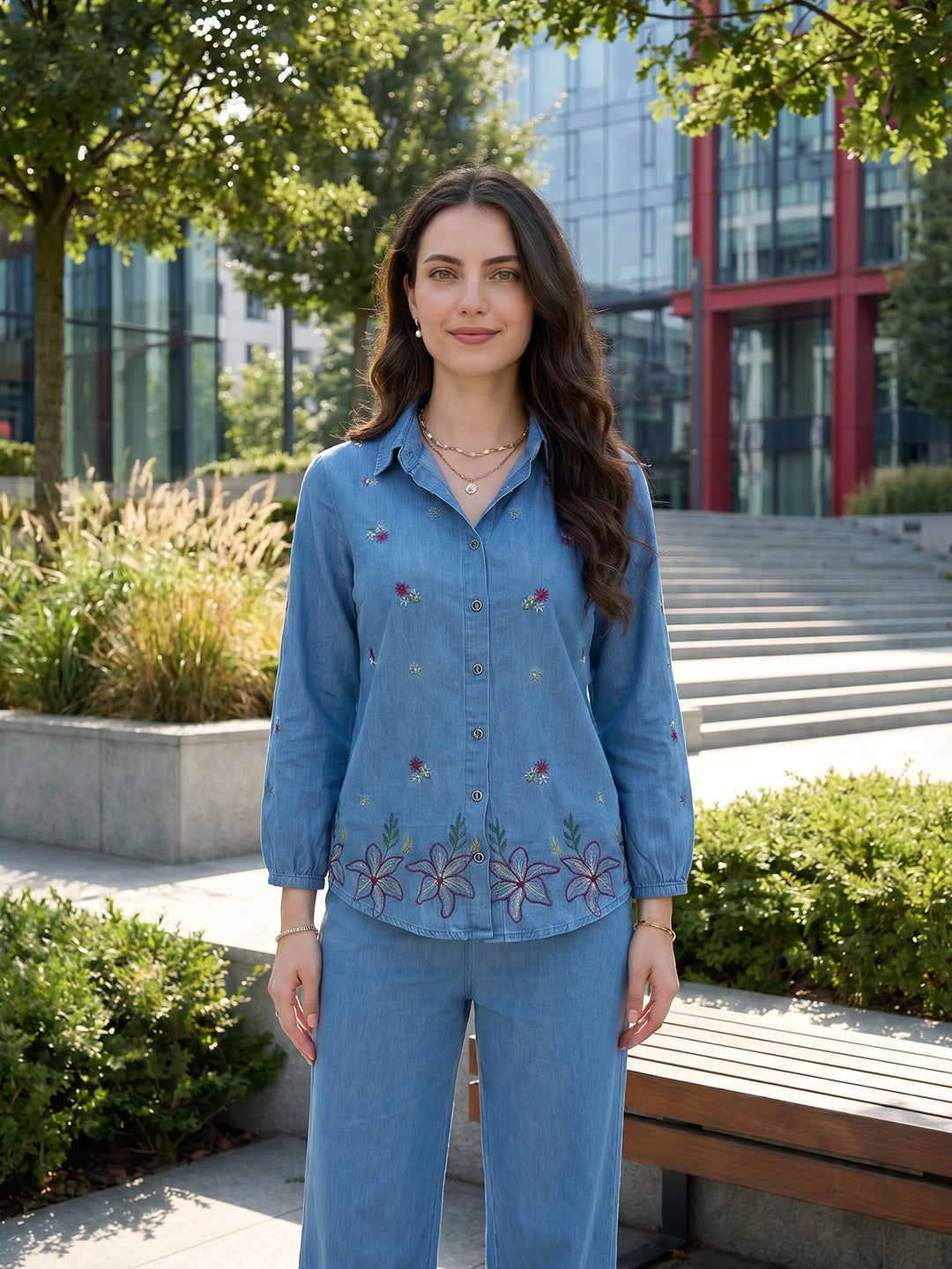 Zummer Denim Co-ord Set – Blue Embroidered Shirt & Trousers