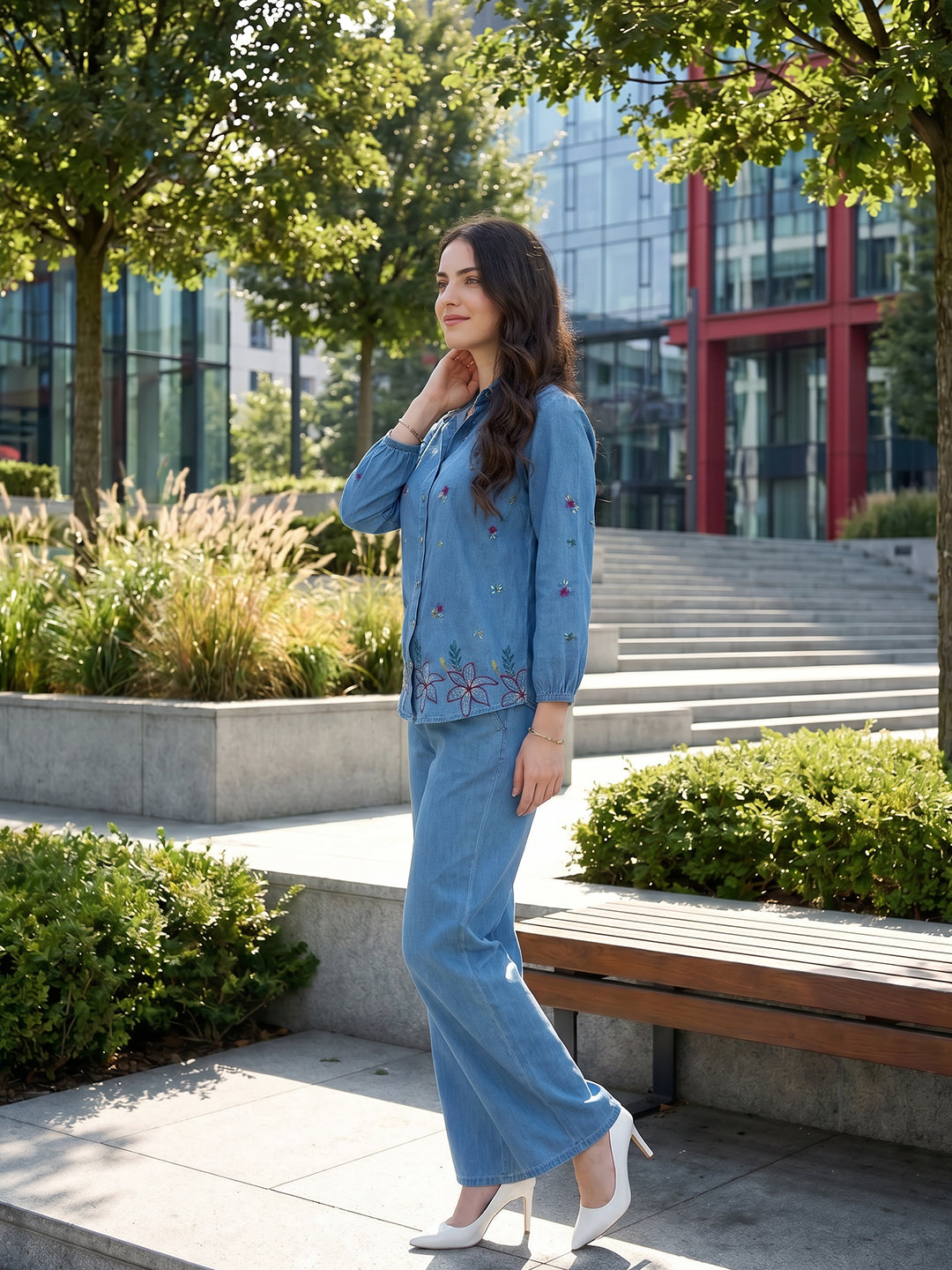 Zummer Denim Co-ord Set – Blue Embroidered Shirt & Trousers